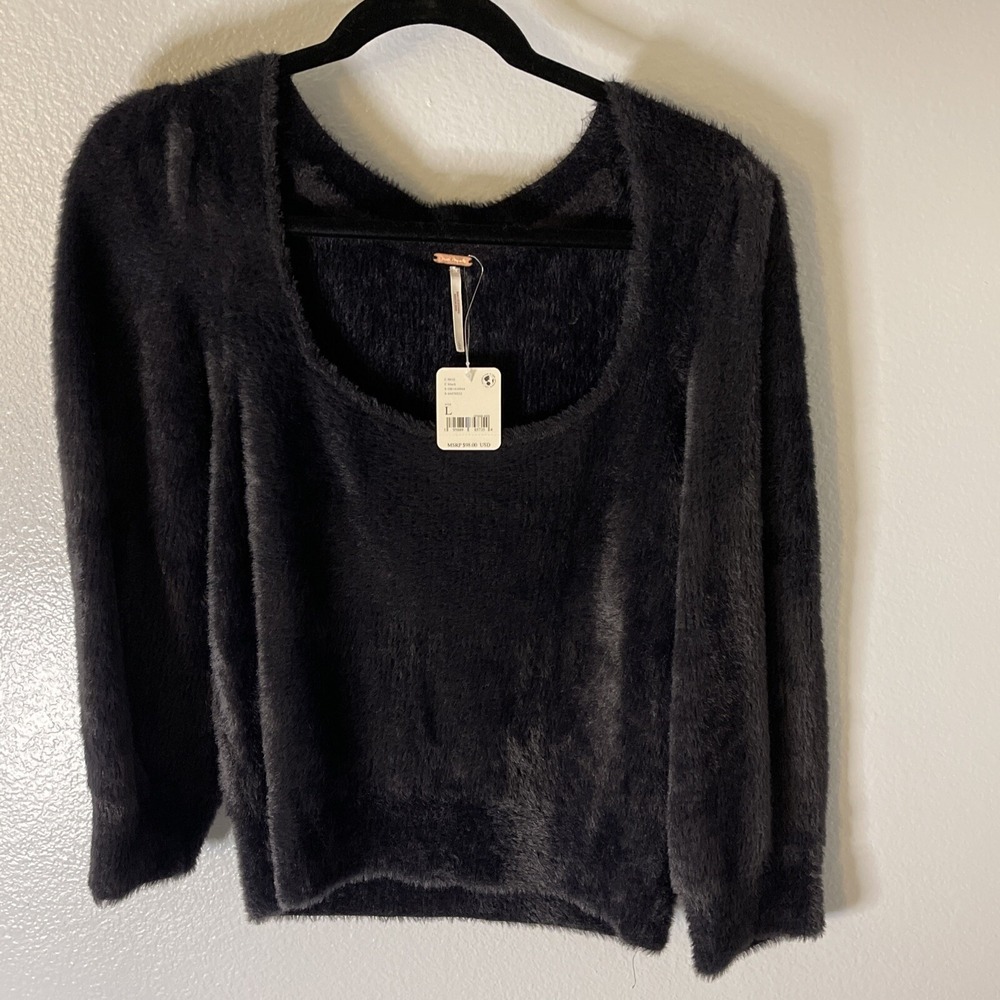 NWT Free People Black Moonbeam Pullover Soft‎ Fuzzy Sweater Size L